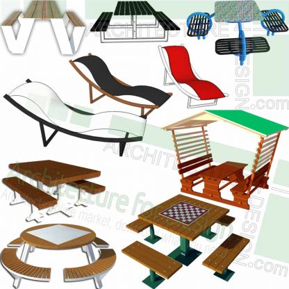 table and benches and outdoor-chaise-lounge SketchUp models