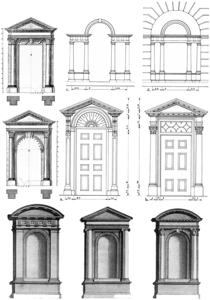 Illustration of classical door frames featuring different pediments, columns, and decorative elements, highlighting variations in proportion and detailing.